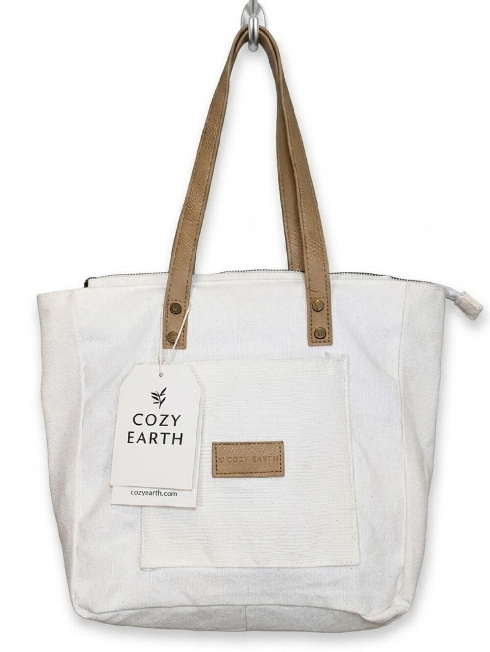 NEW Cozy Earth White Canvas Zippered Tote Bag Tan Faux Leather Straps Travel